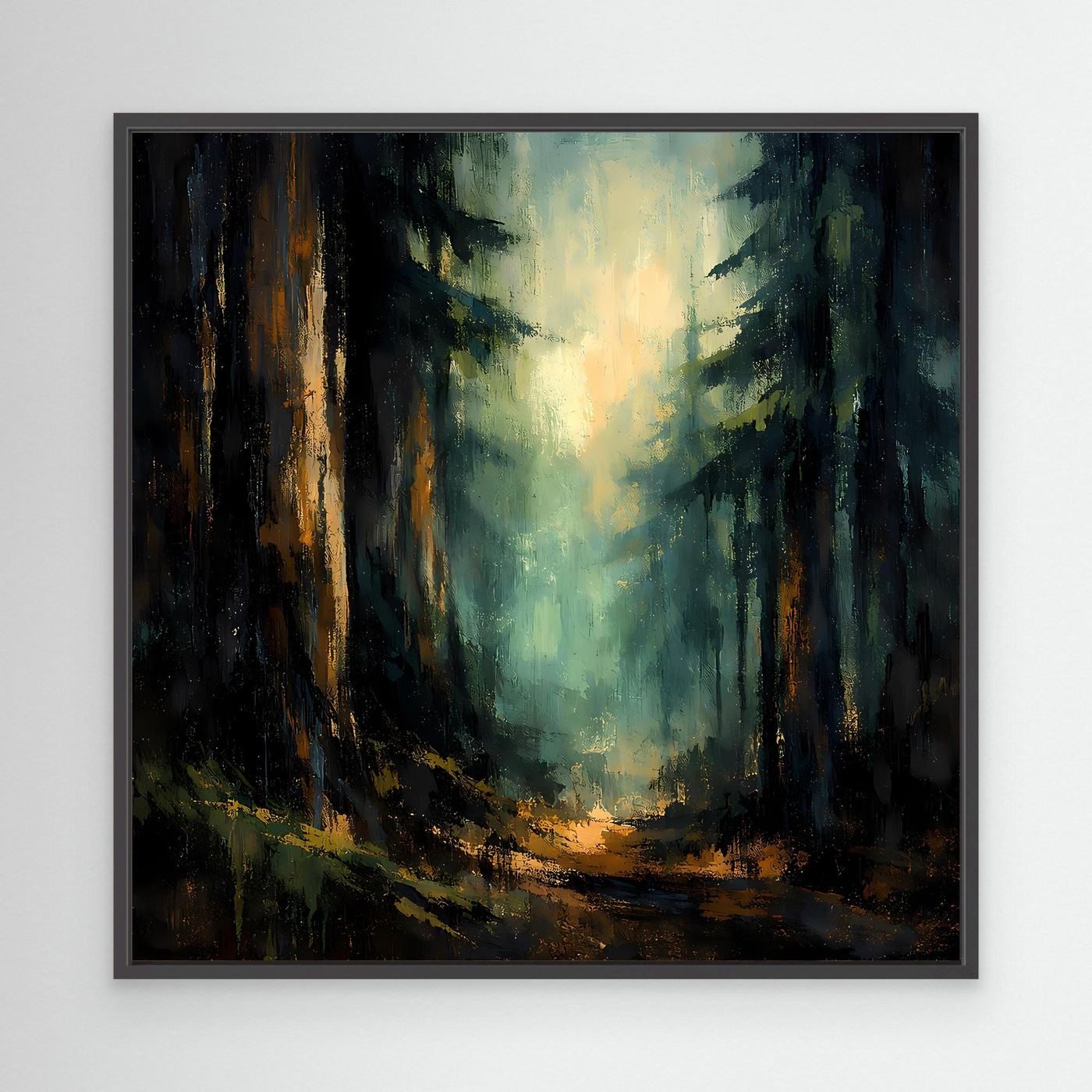 Abstraktes Leinwand-Wandbild: mystischer Tannenwald, Lichtstrahl durch Bäume, schwarzer Rahmen