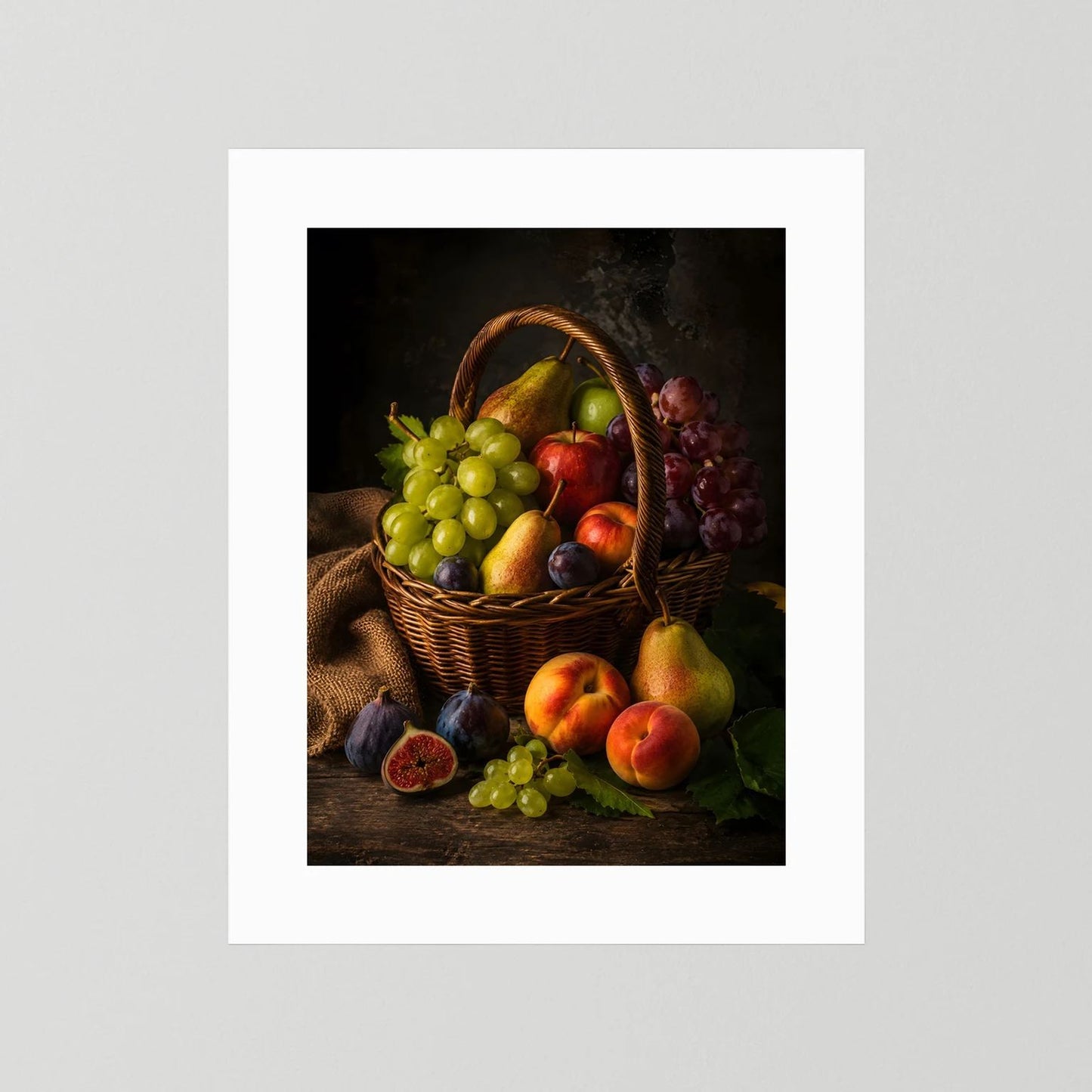 Poster mit Obstkorb-Stillleben, vertikal, weißer Rand ohne Rahmen