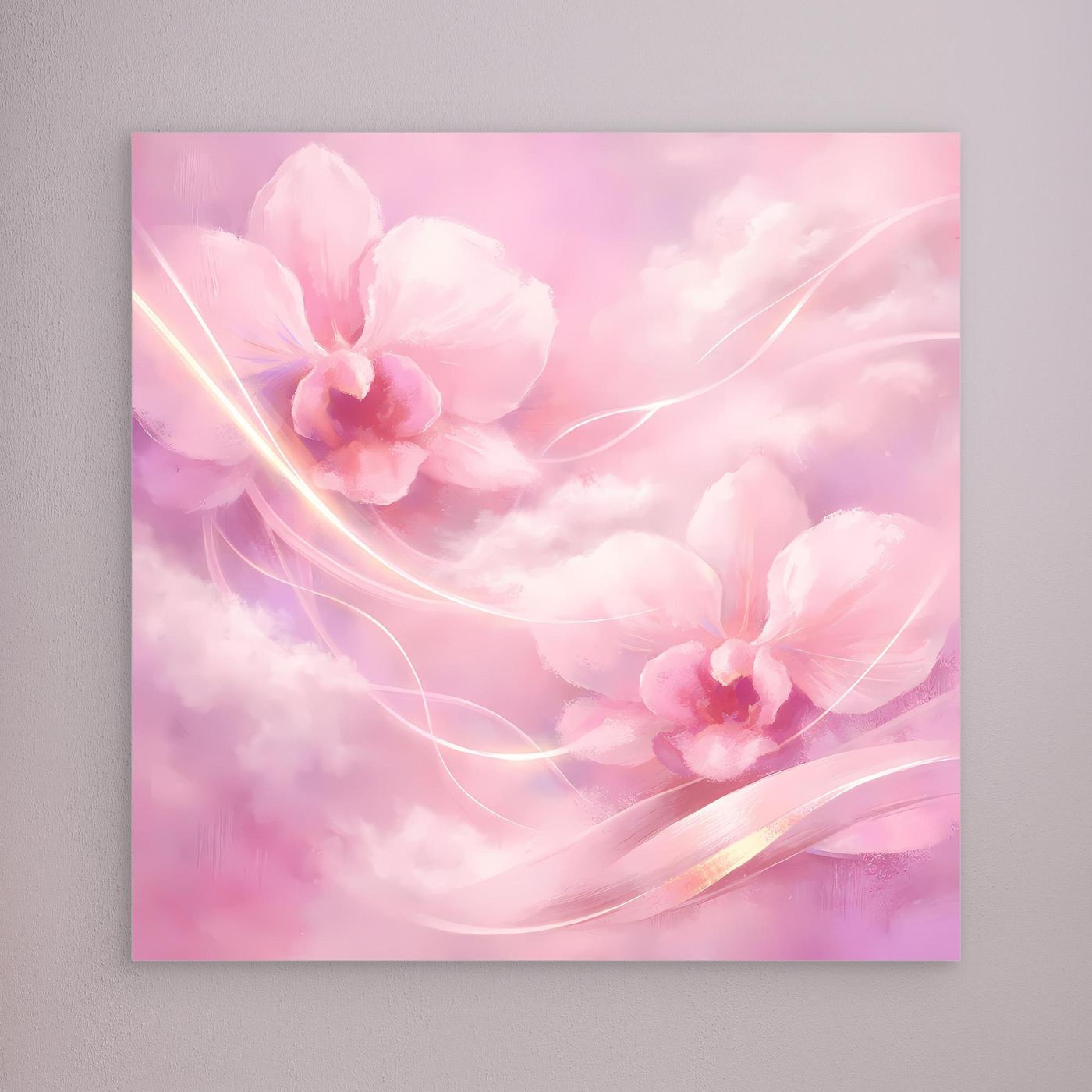Leinwandbild mit abstrakten rosa Orchideen und goldenen Linien, ohne sichtbaren Rahmen