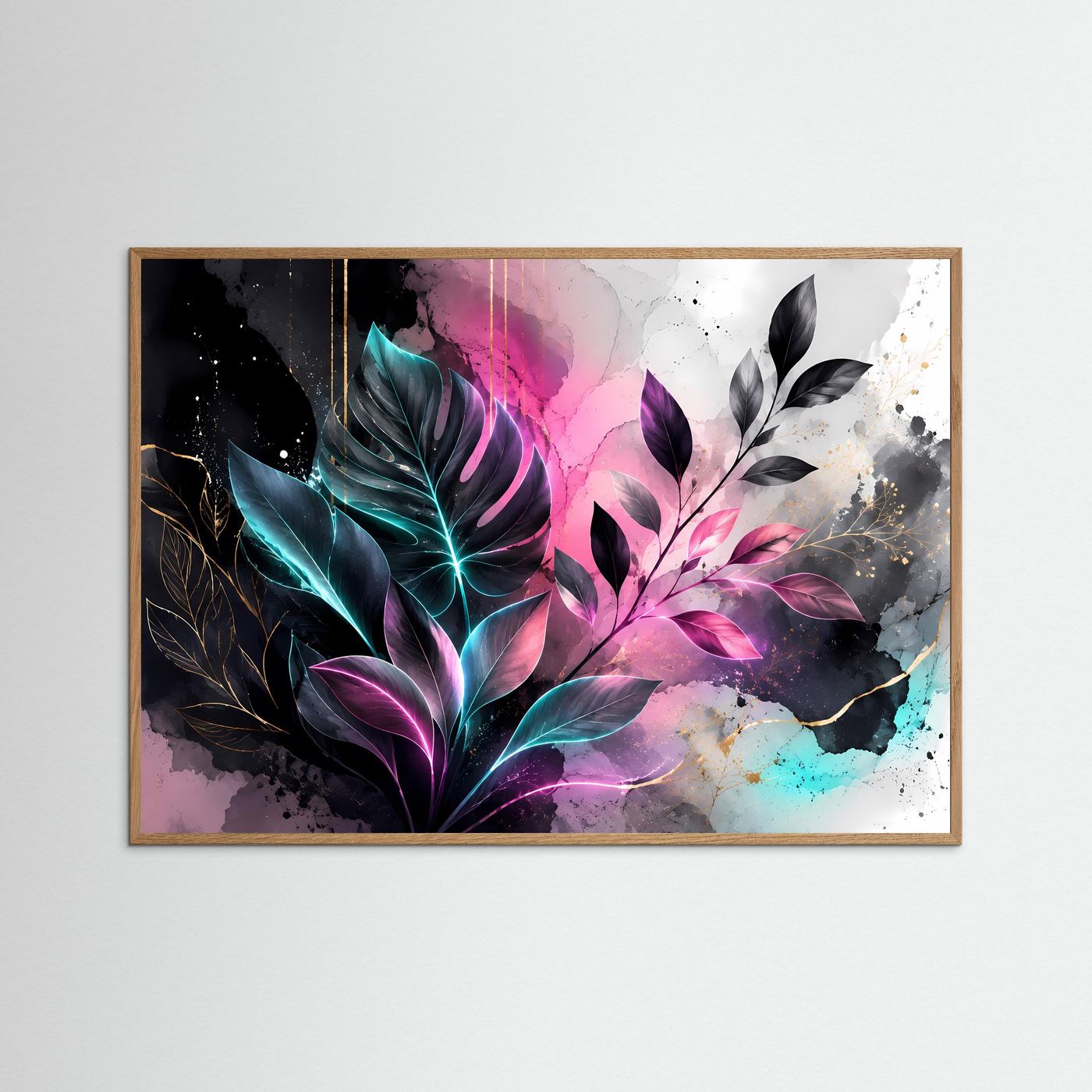Botanische Neon Wandkunst | Monstera Blätter Poster | Abstrakte Pflanzen Kunst | Modernes Leinwandbild | Schwarz Pink Türkis Wall Art