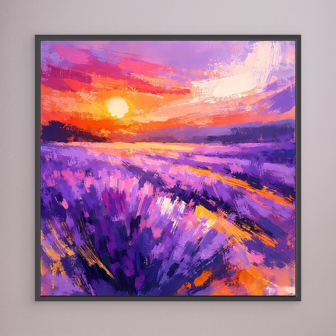 Lavender field wall art with purple blossoms and orange-pink sunset, black frame.