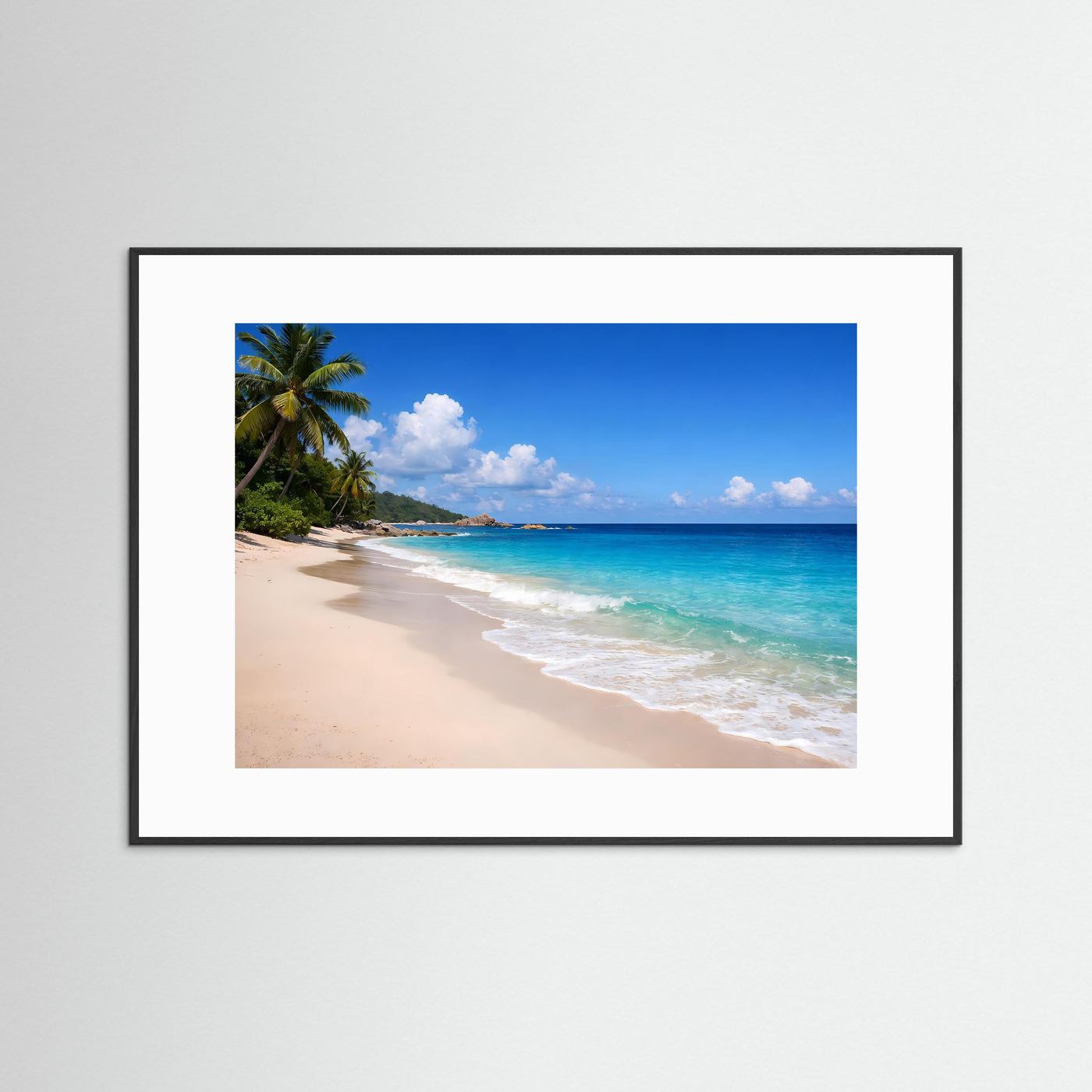 Strand-Poster mit Palmen und türkisblauem Meer, Querformat, schwarzer Rahmen mit weißem Rand
