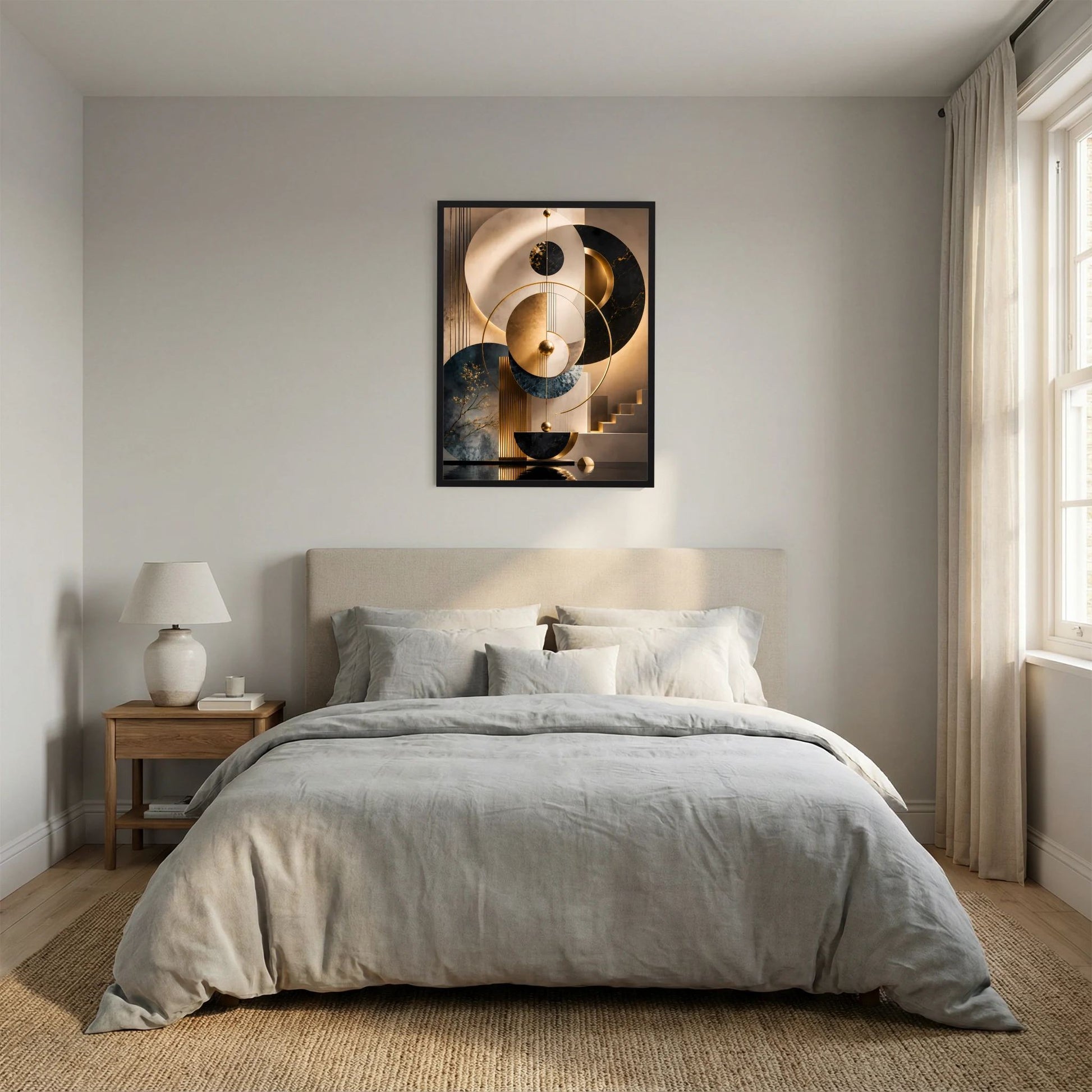Gerahmtes Hochformat-Poster über dem Bett: abstrakte Kreise in Gold, Schwarz, Beige und Petrol