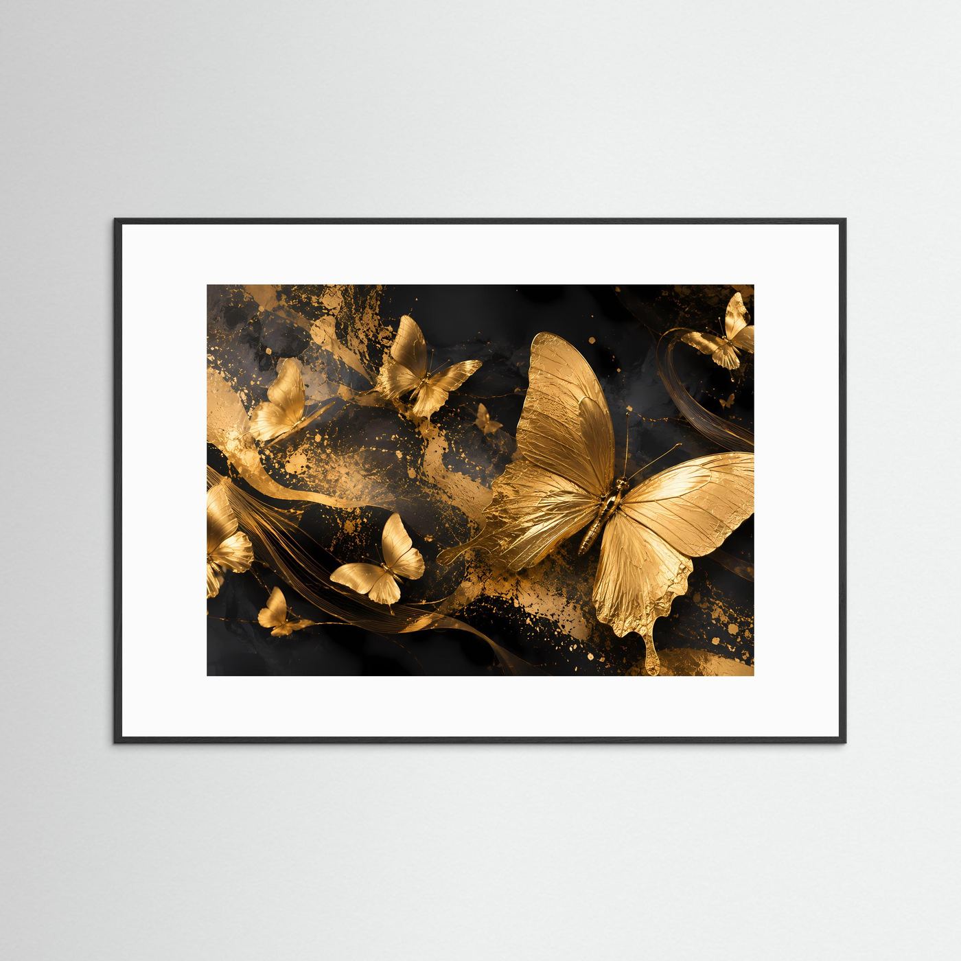 Schmetterlingsposter mit schwarzem Rahmen und weißem Rand, goldene Schmetterlinge