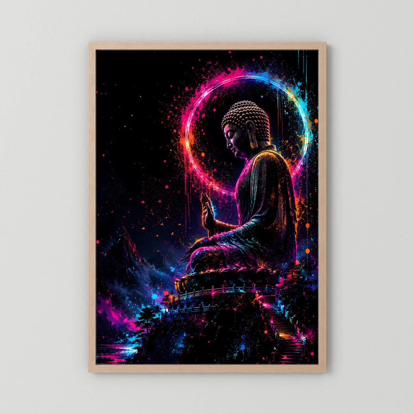 Hochformatiges Buddha-Kunstposter mit Neonkreis um die sitzende Figur, Holzrahmen hell