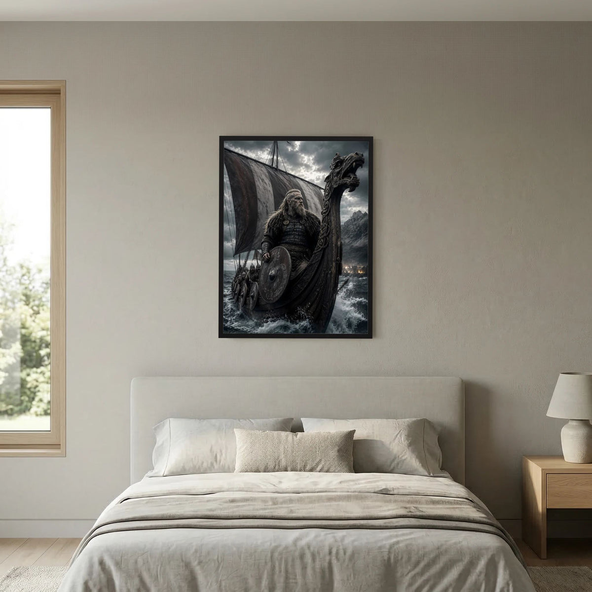 Wandposter über dem Sofa: Wikinger-Krieger auf Drachenschiff in dramatischer See-Optik