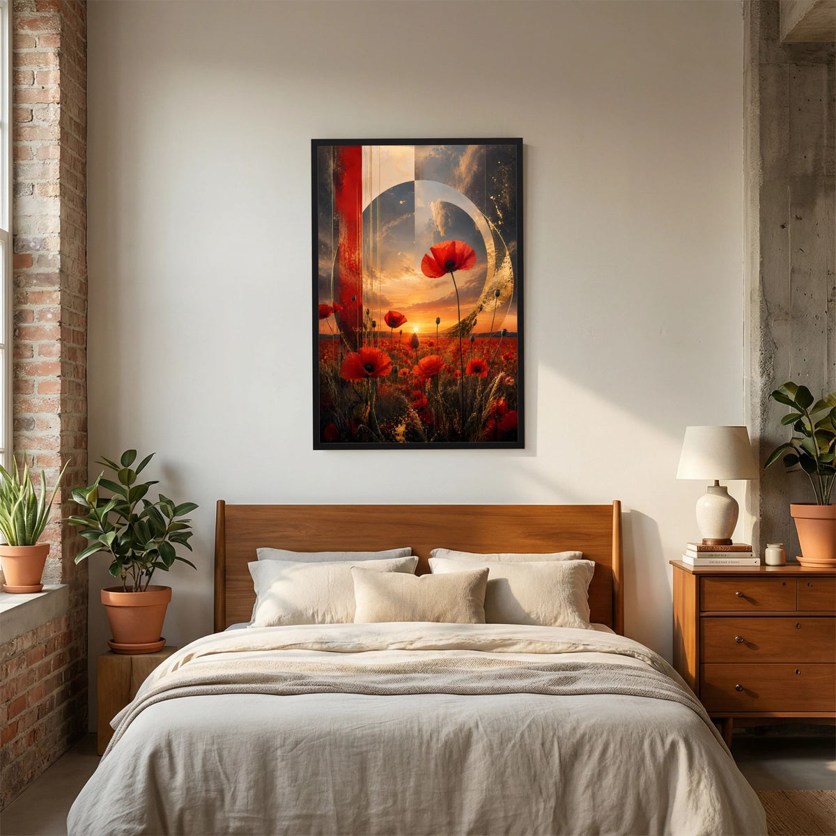 Kunstposter mit roten Mohnblüten, goldenem Kreis und warmem Himmelmotiv, schwarzer Rahmen