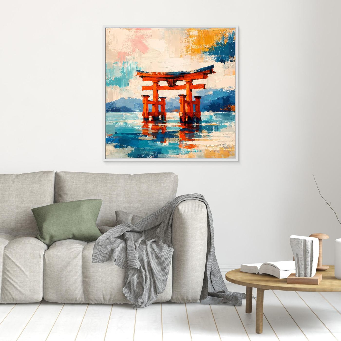 Leinwandbild Japanisches Torii-Tor im Meer | Abstraktes Kultur Wandbild auf echtem Holzkeilrahmen