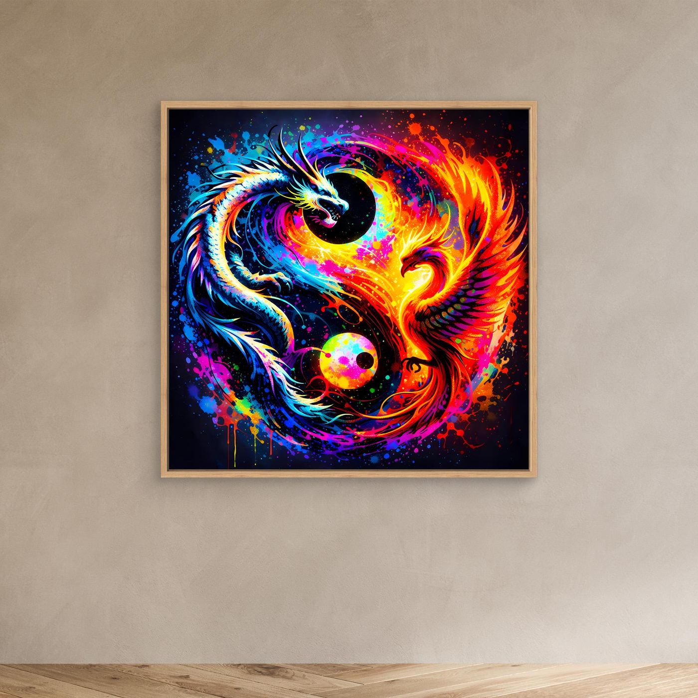 Leinwandbild mit Drache-und-Phönix-Yin-Yang-Motiv, bunt, mit Holzrahmen