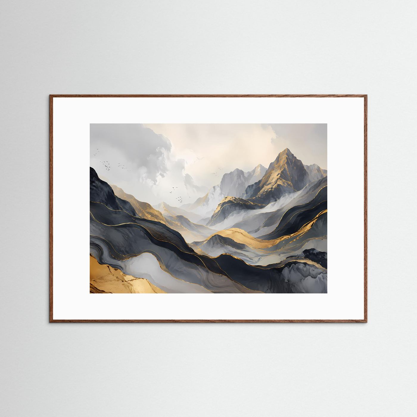 Panoramisches Berglandschafts-Poster mit goldenen Akzenten, brauner Holzrahmen