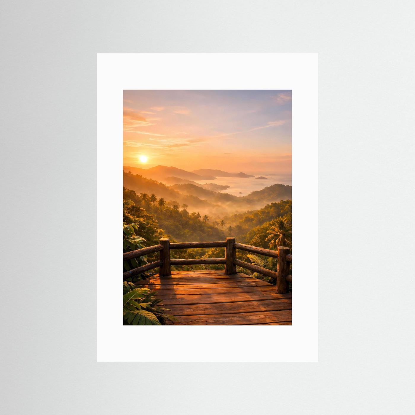Dschungel-Poster im Hochformat mit Aussichtsterrasse und Sonnenuntergang, mit weißem Rand