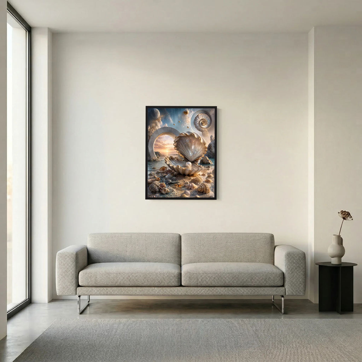Schwarz gerahmtes Poster mit Perlmutt-Muschel und Perle, creme-goldene Meereslandschaft