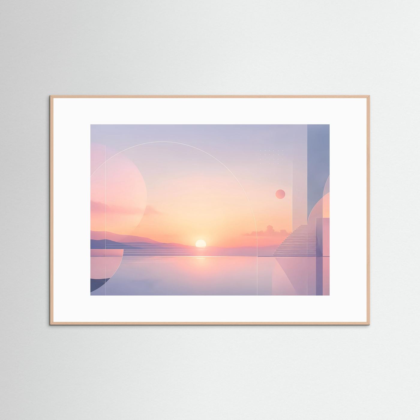 Querformat-Poster mit abstrakter Sonnenlandschaft in Rosa und Blau, heller brauner Rahmen