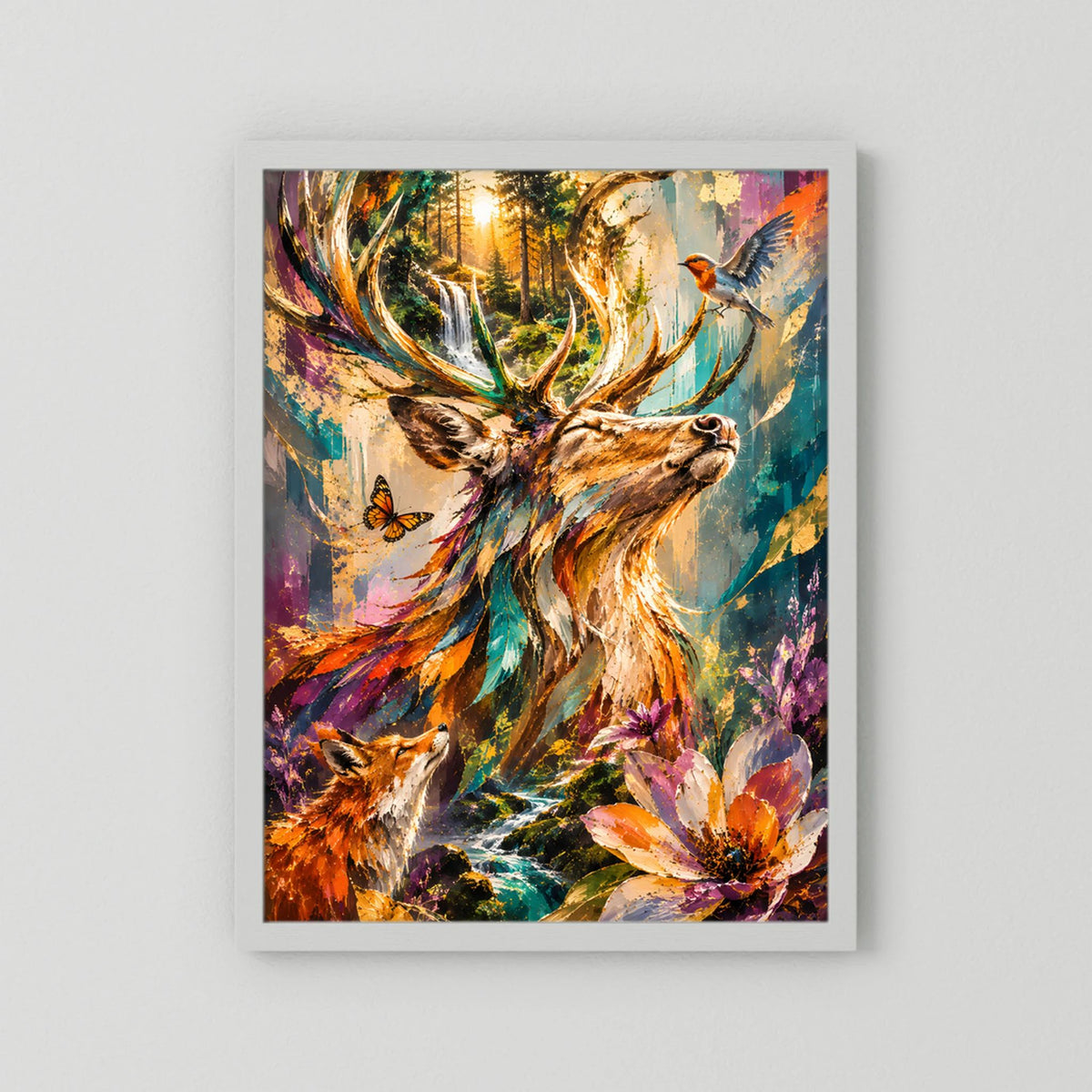 Poster mit Hirsch, Vogel und Blumen, hellgrauer Rahmen und weißer Rand