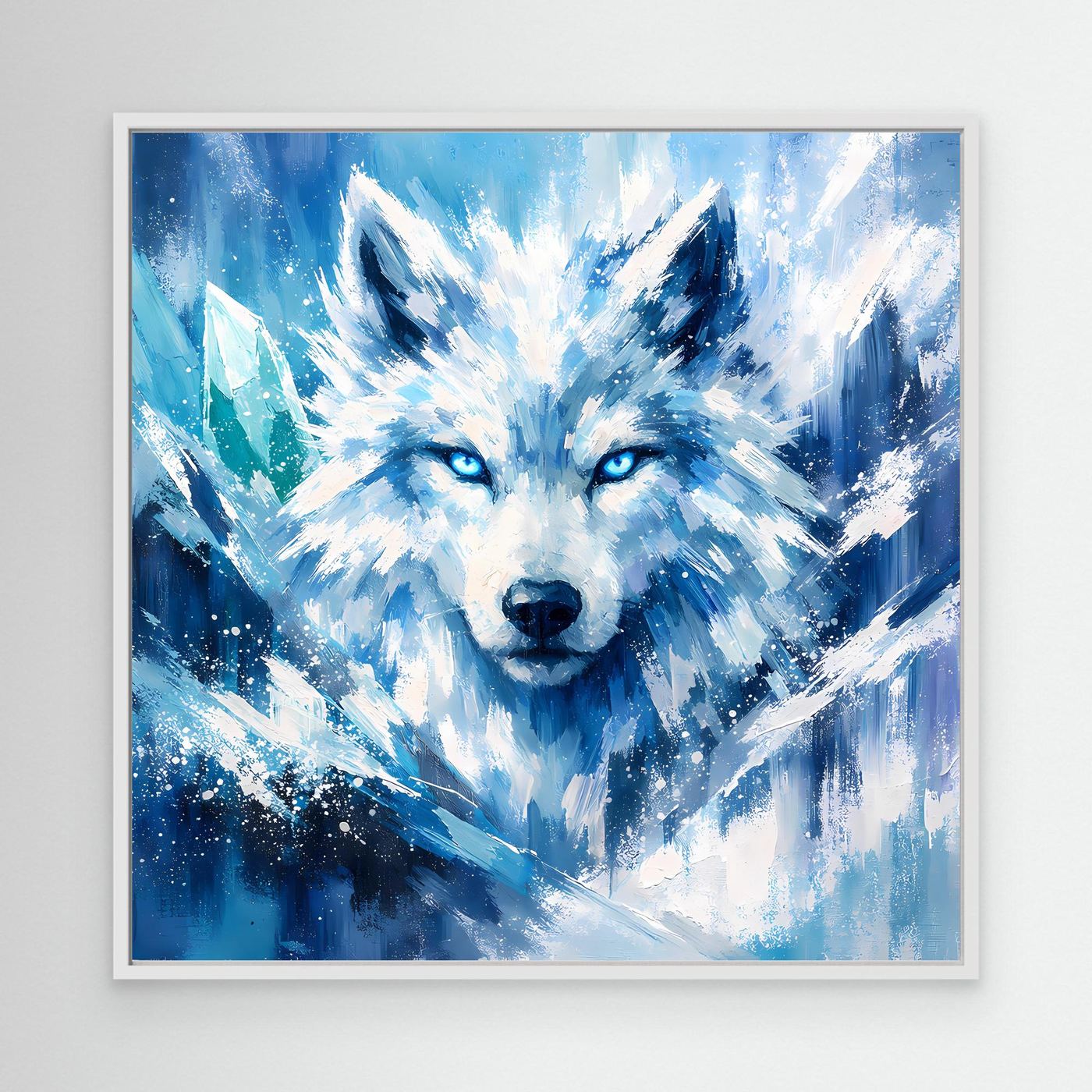 Leinwandbild mit abstraktem Eiswolf im Schneesturm, blau-weißes Motiv, weißer Rahmen