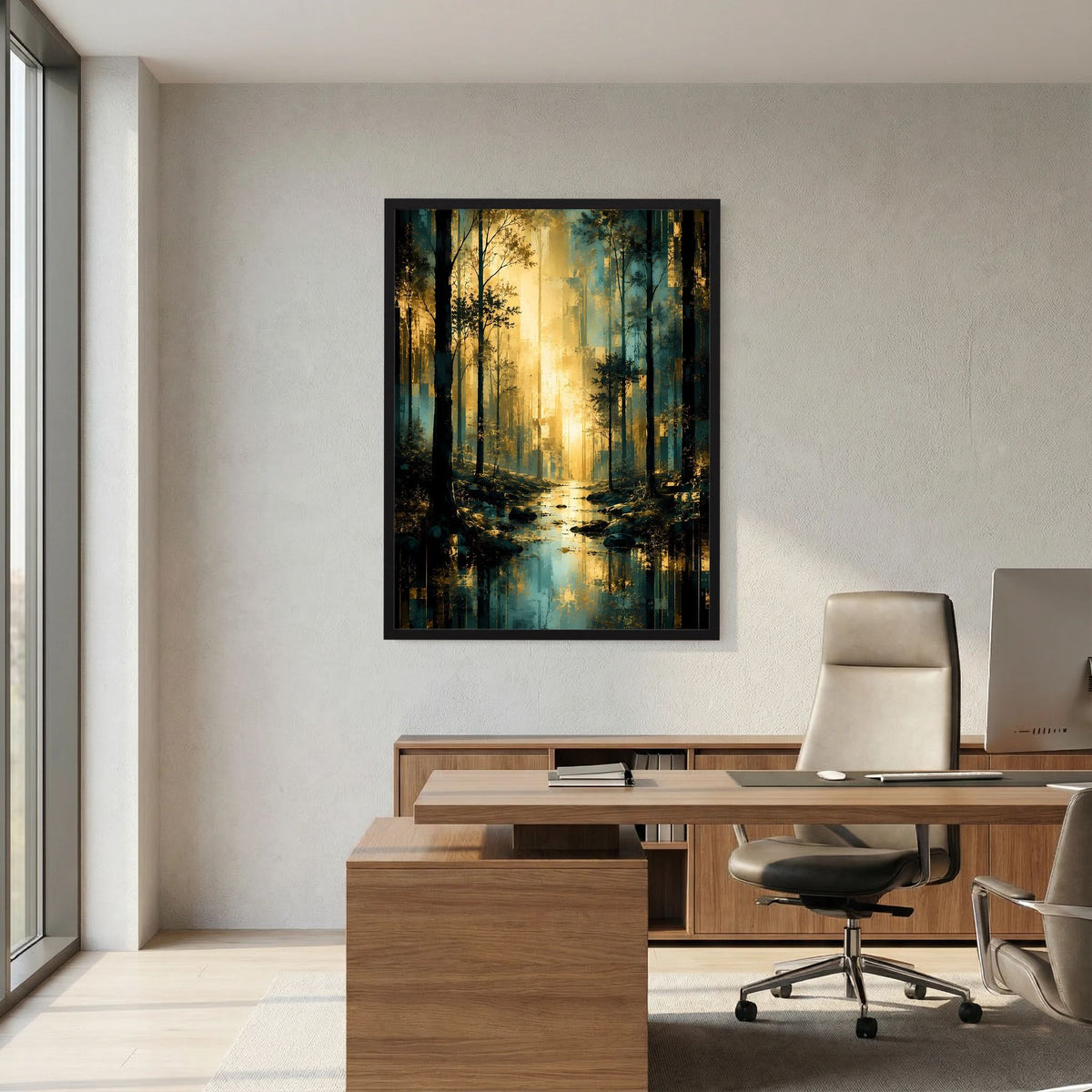 Waldlandschaft-Poster im Hochformat: türkisfarbener Wald mit goldenen Lichtreflexen, schwarzer Rahmen