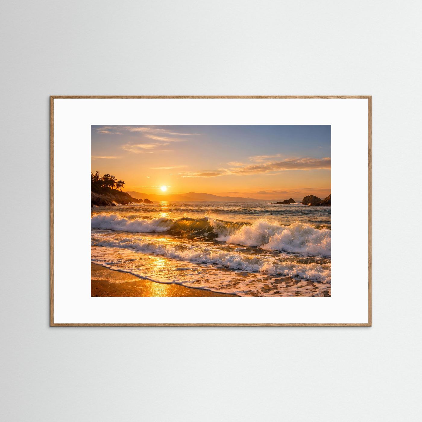 Goldener Sonnenuntergang an der Küste | Panorama Wellen & Strand Poster Querformat