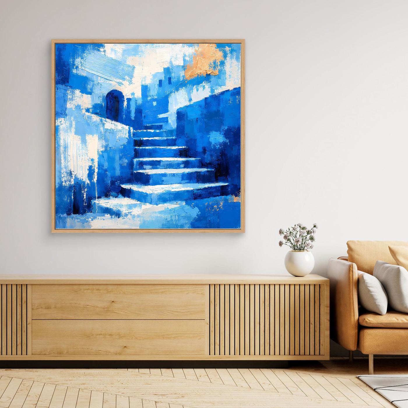 Abstraktes Leinwand-Wandbild mit blauem Treppenweg, breiter brauner Rahmen