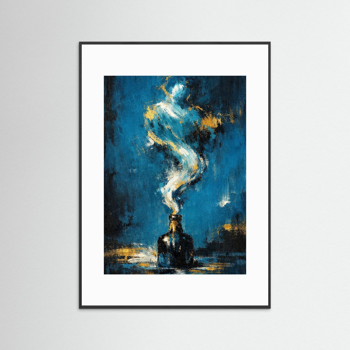 Hochformatiges Kunstposter mit schwarzem Rahmen und weißem Passepartout, abstrakter Dschinn in Blau.