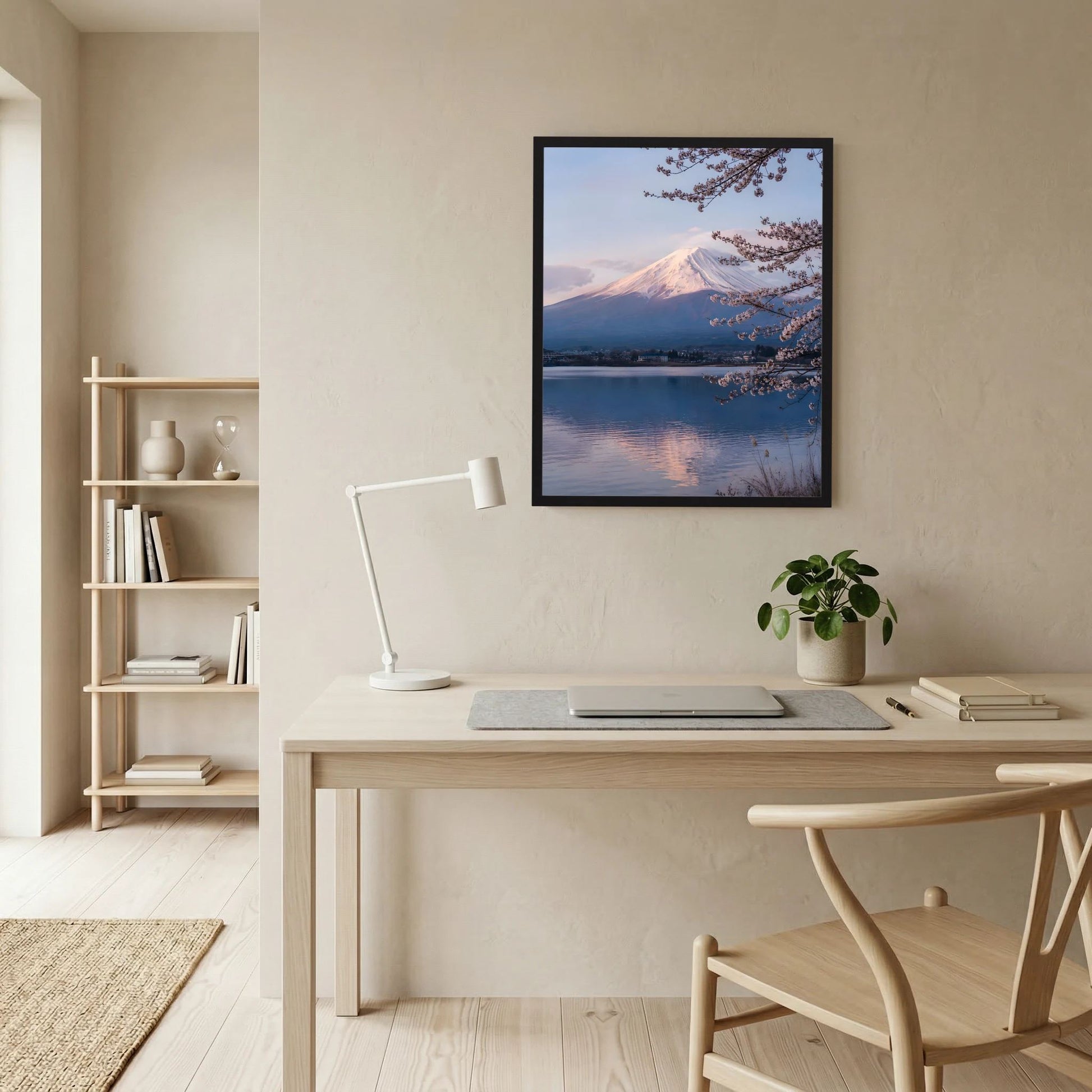 Hochformatiges Kunstposter mit Berg und Kirschblüten über ruhigem See