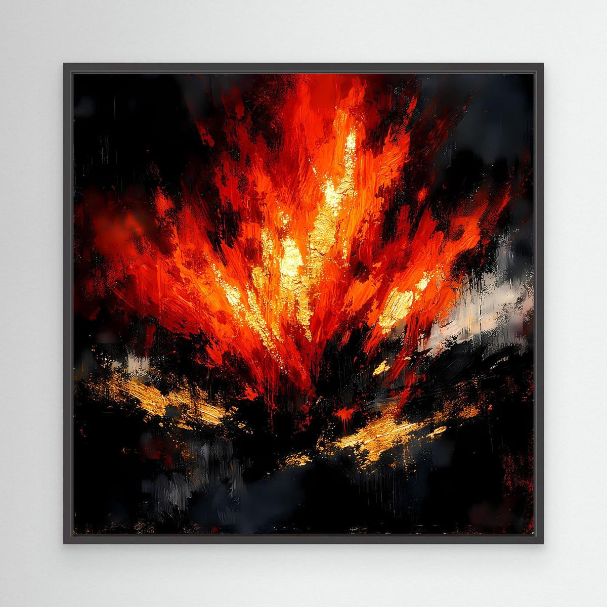 Abstraktes Leinwand-Wandbild mit Feueroptik in Rot und Orange im schwarzen Rahmen