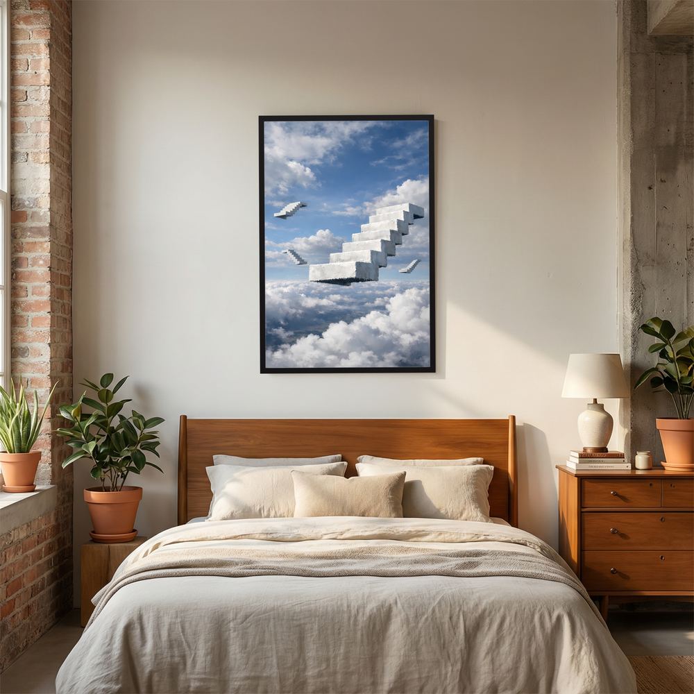 Hochformatiges Poster mit schwebender Treppe über Wolken, schwarzer Rahmen