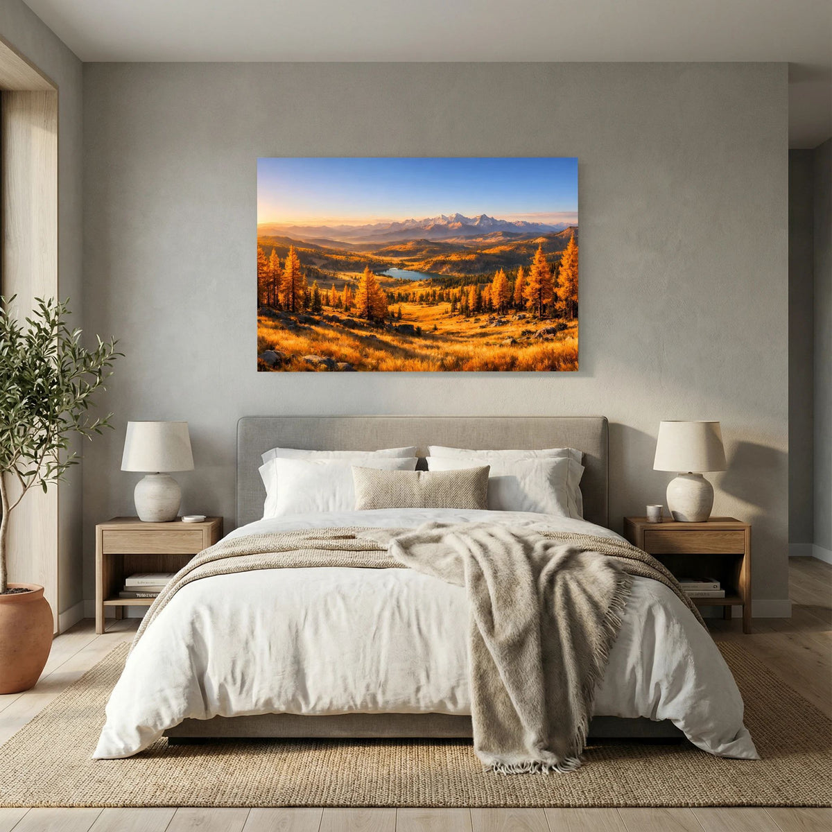 Wandbild im Querformat: Herbstlandschaft mit goldenen Bäumen, Talfluss und schneebedeckten Gipfeln