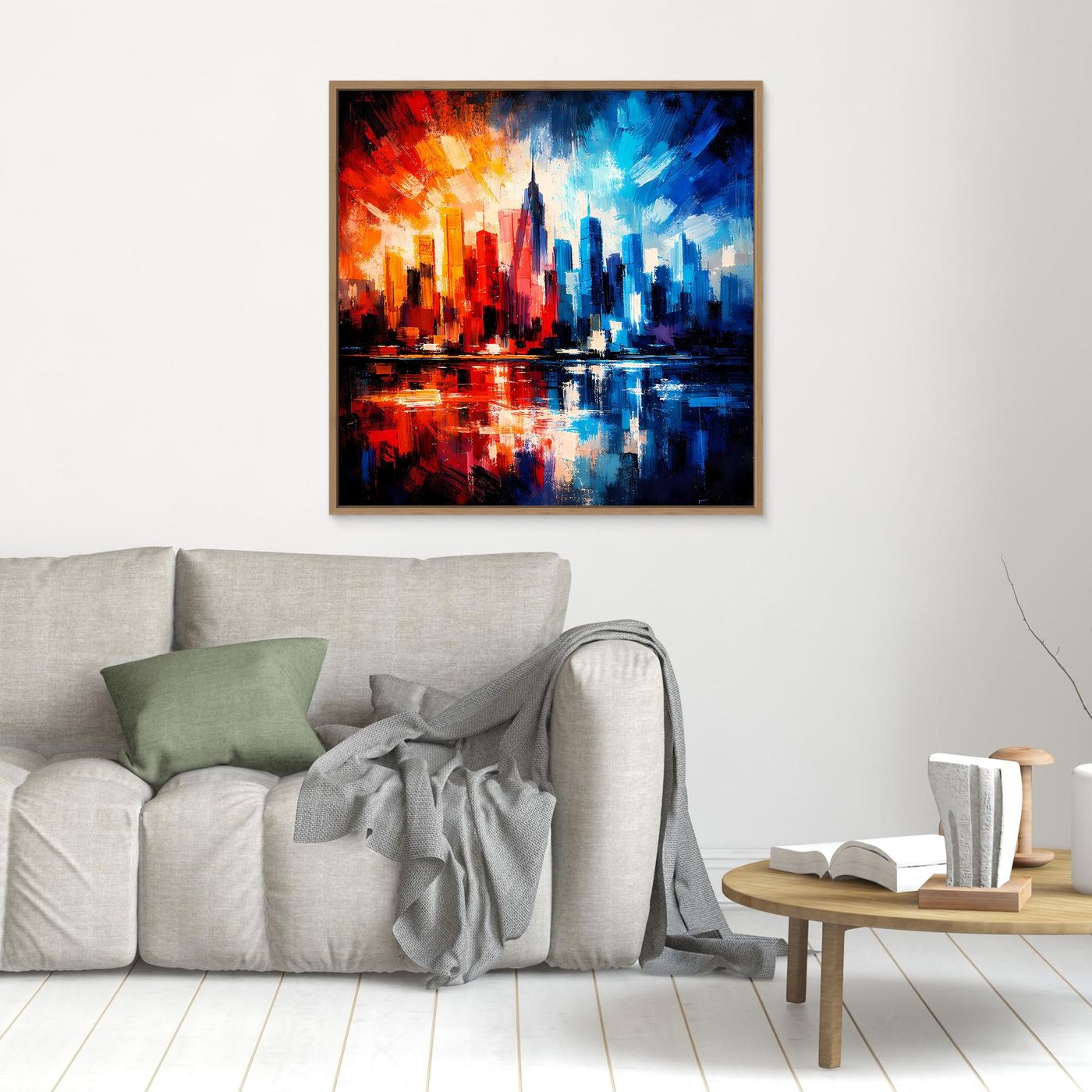 Leinwandbild mit abstrakter Skyline, rotes und blaues Stadtbild im Eichenrahmen an der Wand