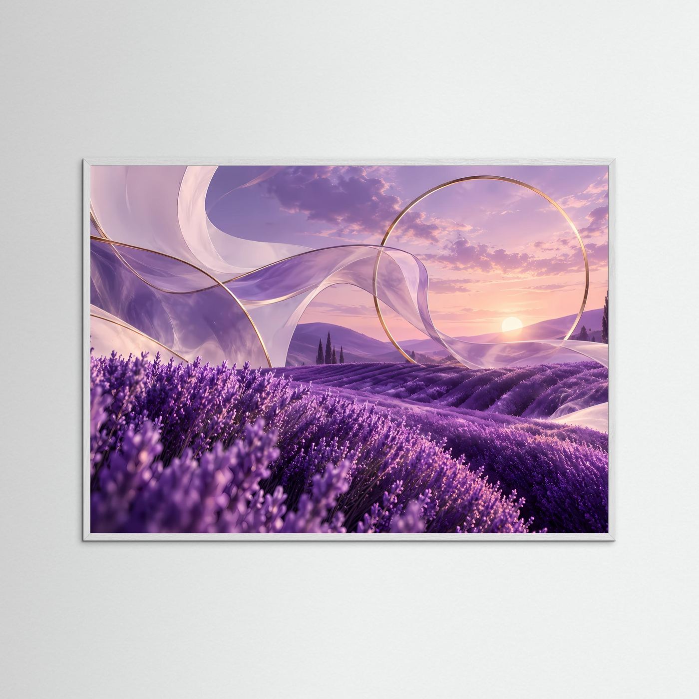 Lavendelfeld im Sonnenuntergang | Abstrakte Provence Wandkunst | Elegantes Landschaftsbild in Violett & Gold | Modernes Premium Poster | Leinwand