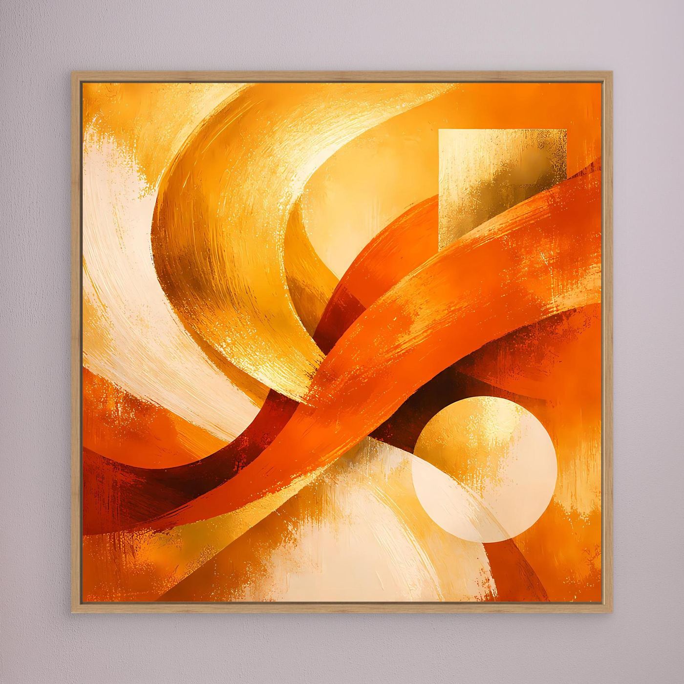 Abstraktes Leinwandbild mit goldenen und roten Wellen auf warm-orangefarbenem Hintergrund, braun gerahmt.