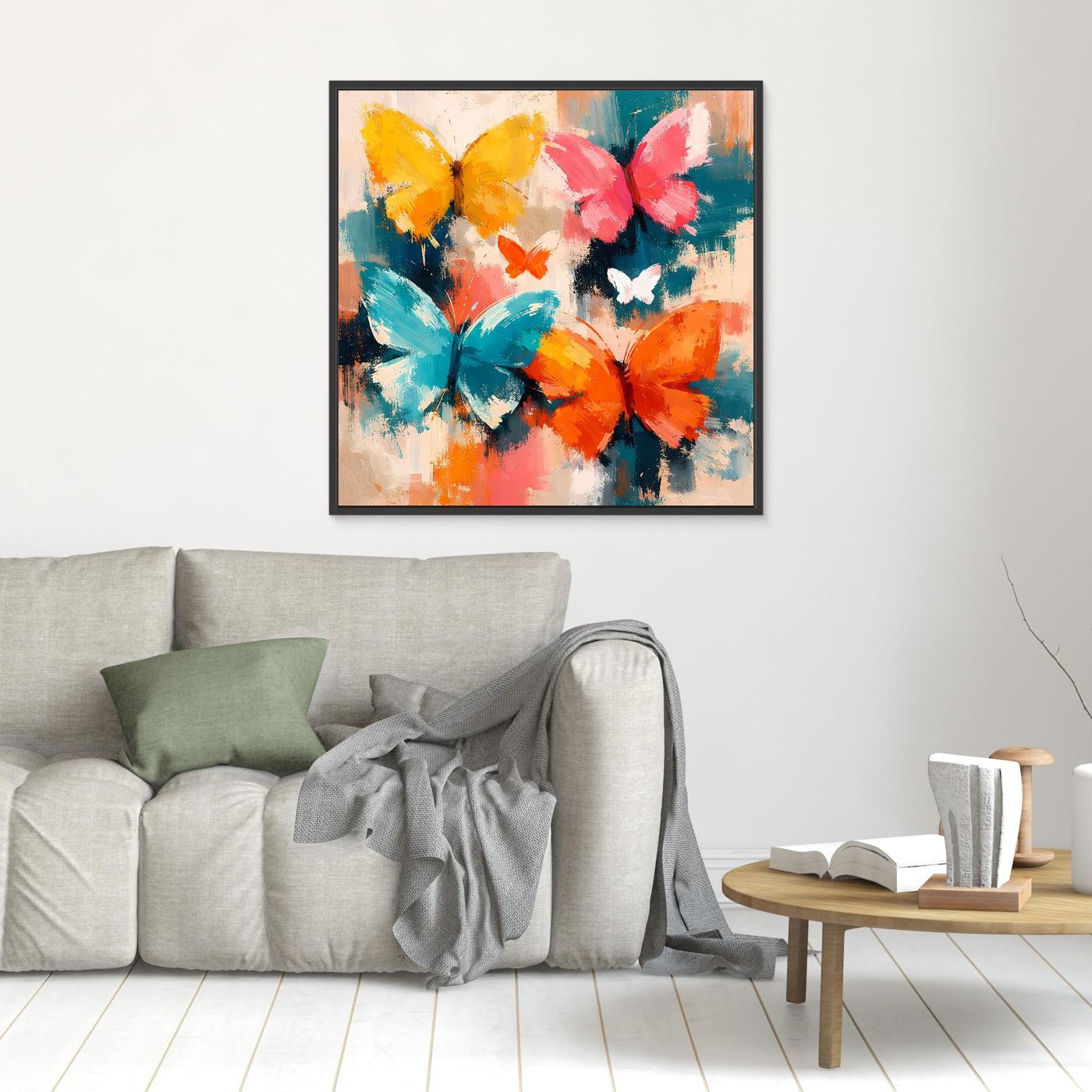 Leinwand Farbenfrohe Schmetterlinge im Flug | Abstraktes Natur & Frühling Wandbild
