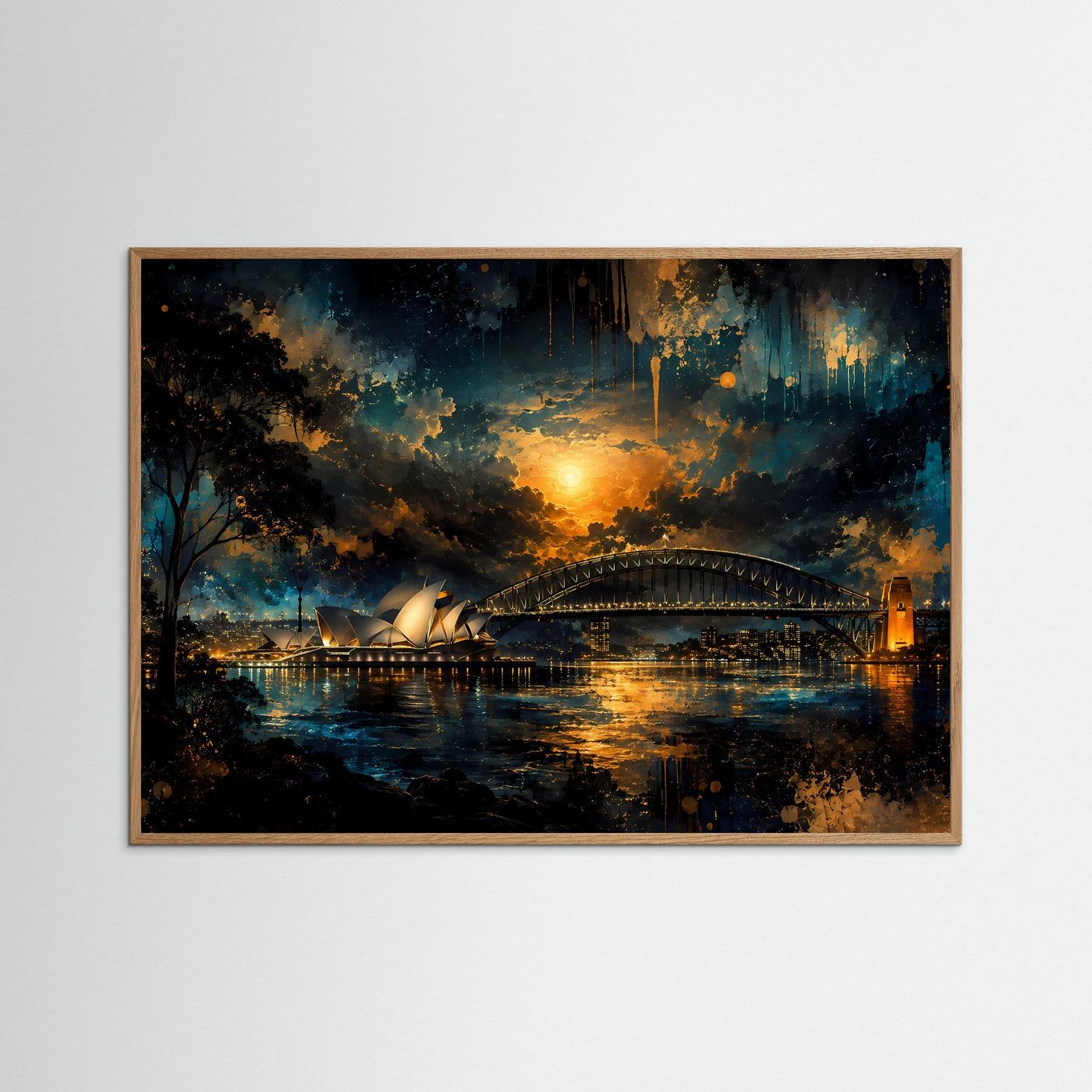 Sydney Poster | Sydney Opera House & Harbour Bridge bei Nacht | Australien Wandbild | Moderne Skyline Kunst | Gold Blau Fine Art | Premium Wanddekoration
