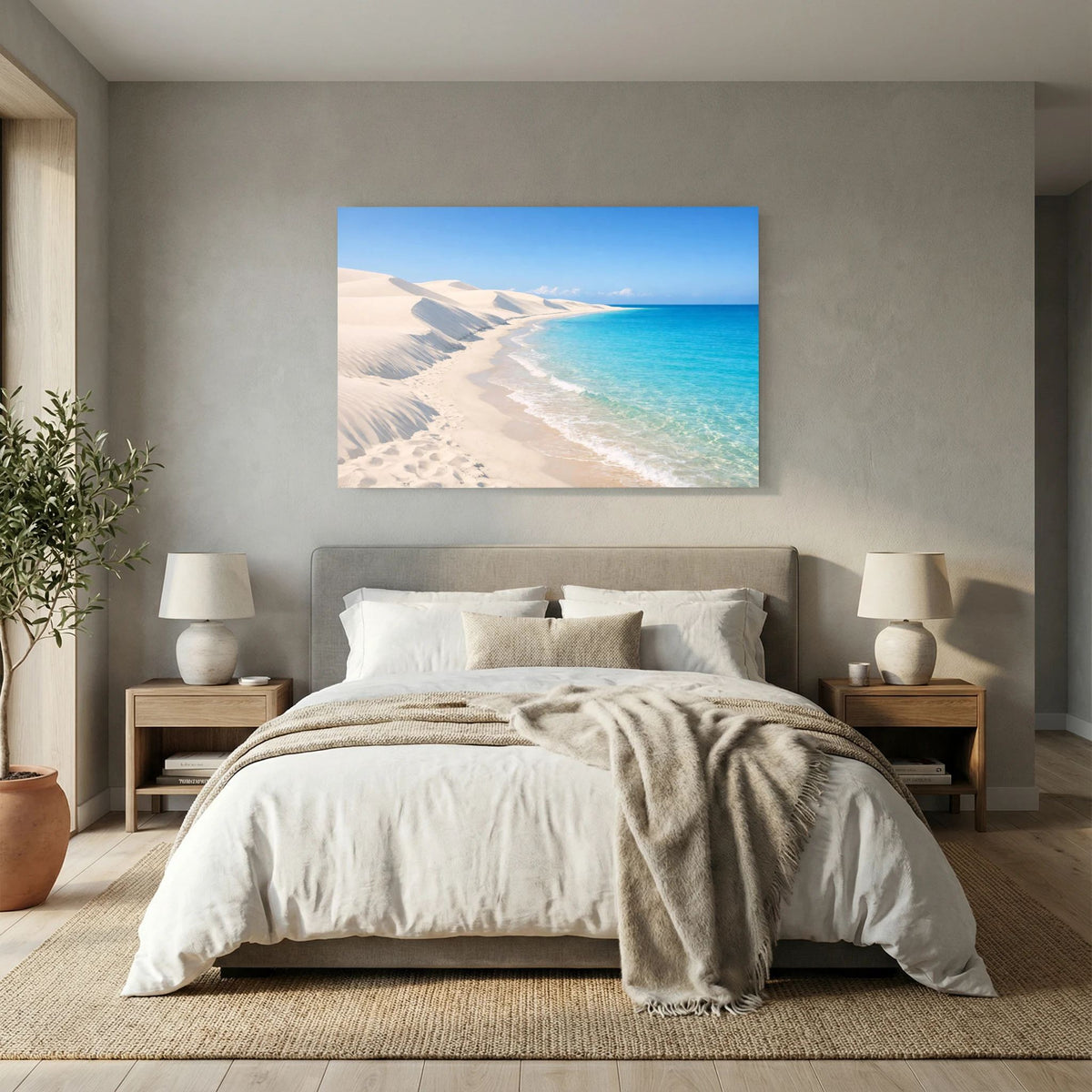 Querformatiges Wandbild mit weißen Dünen und türkisblauem Meer am Strand