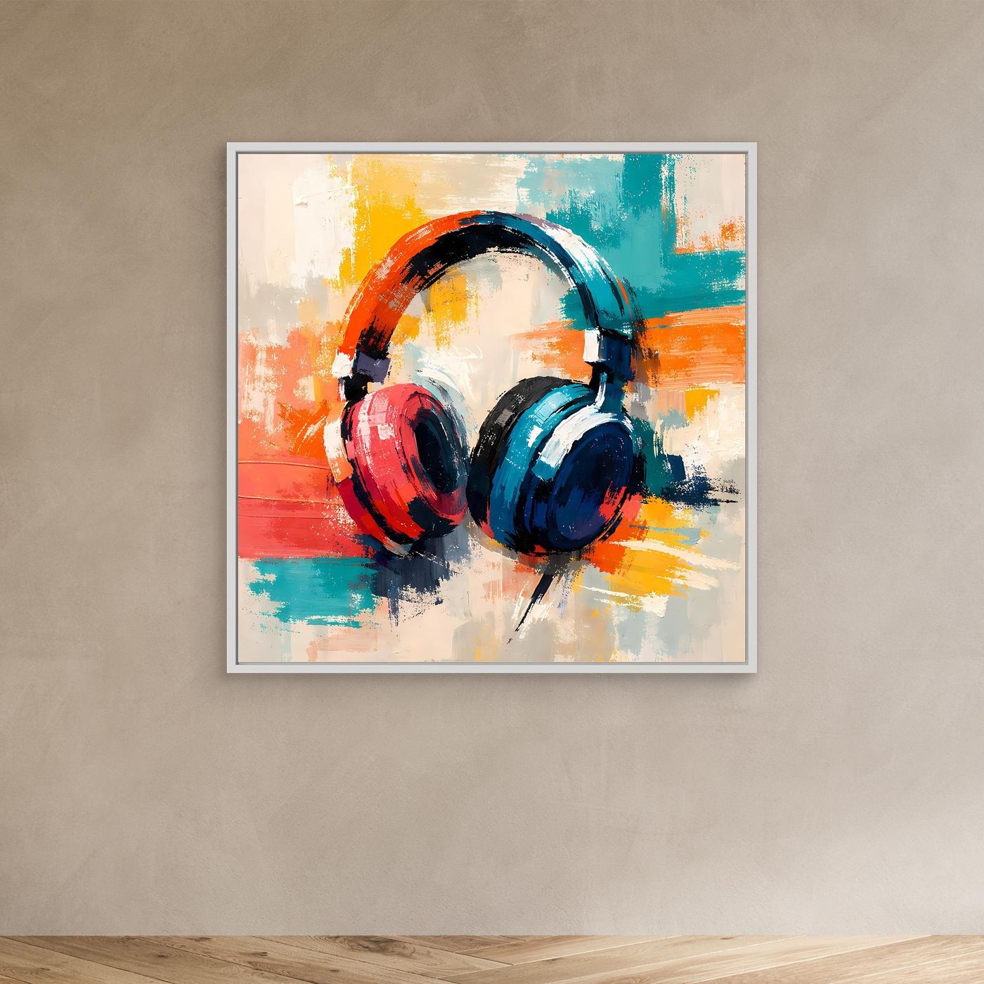 Abstract headphone wall art with silver-gray frame; red and teal headphone paint strokes