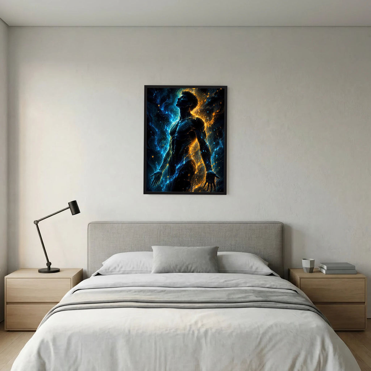 Hochformatposter mit männlicher Silhouette in Blau und Gold, dramatisches Energiemotiv, schwarz gerahmt