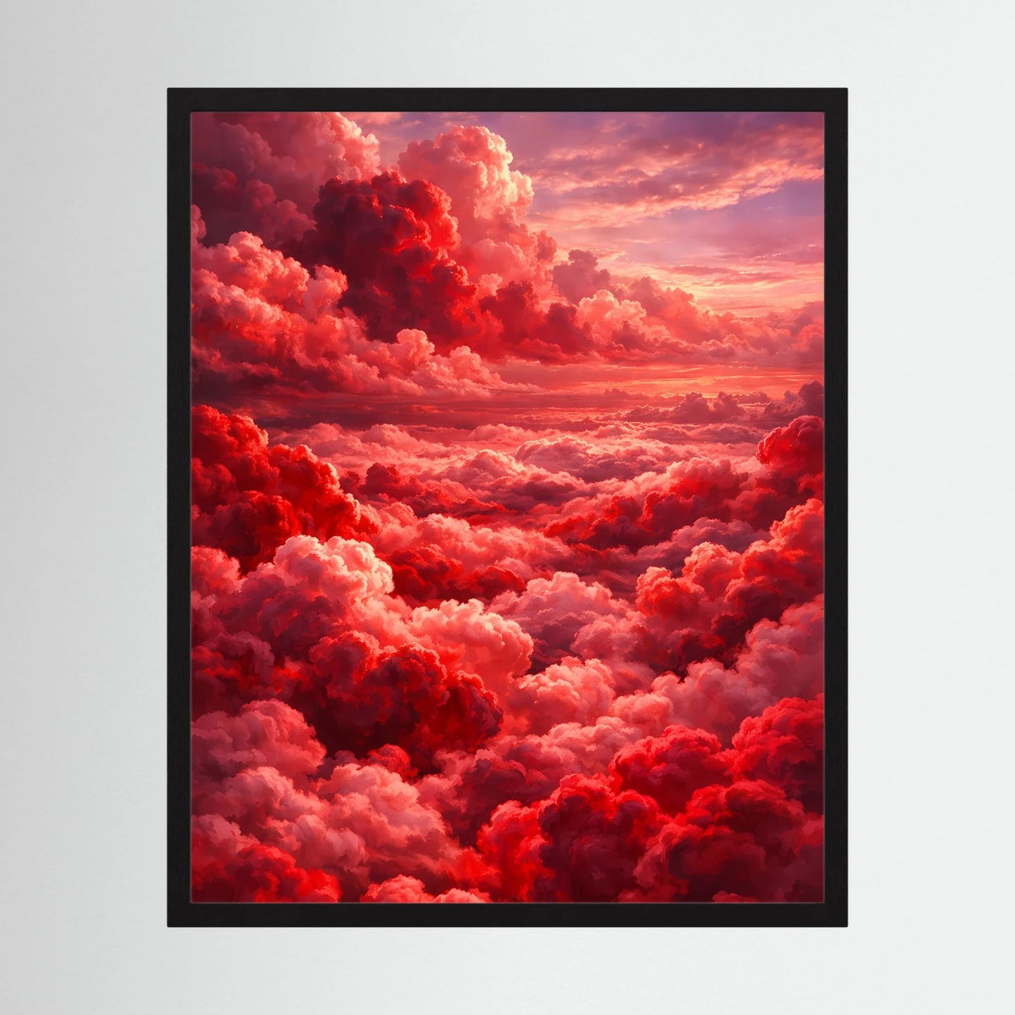 Hochformatiges Kunstposter mit roten Wolken und rosa Sonnenuntergangshimmel im schwarzen Rahmen.