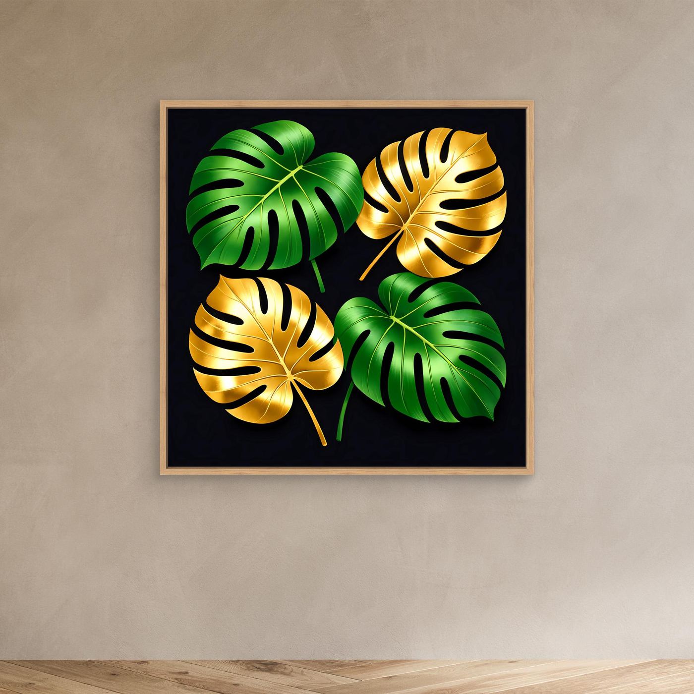 Leinwandbild mit Monstera-Blättern, goldgrün, hellbrauner Rahmen