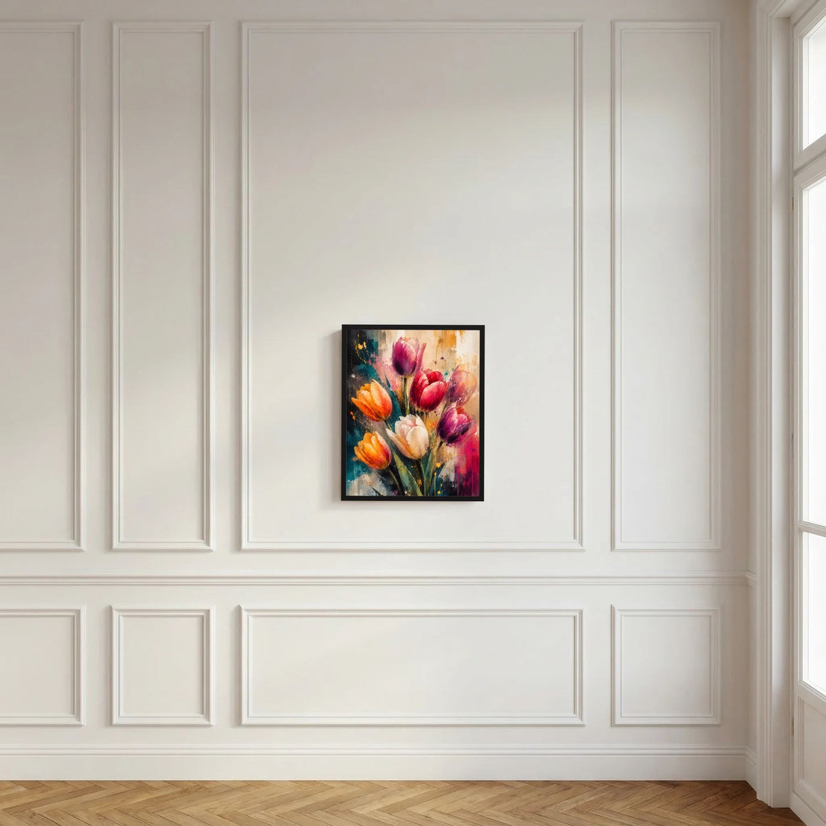 Abstraktes Tulpen-Kunstposter mit pinken und orangefarbenen Blüten im schwarzen Rahmen