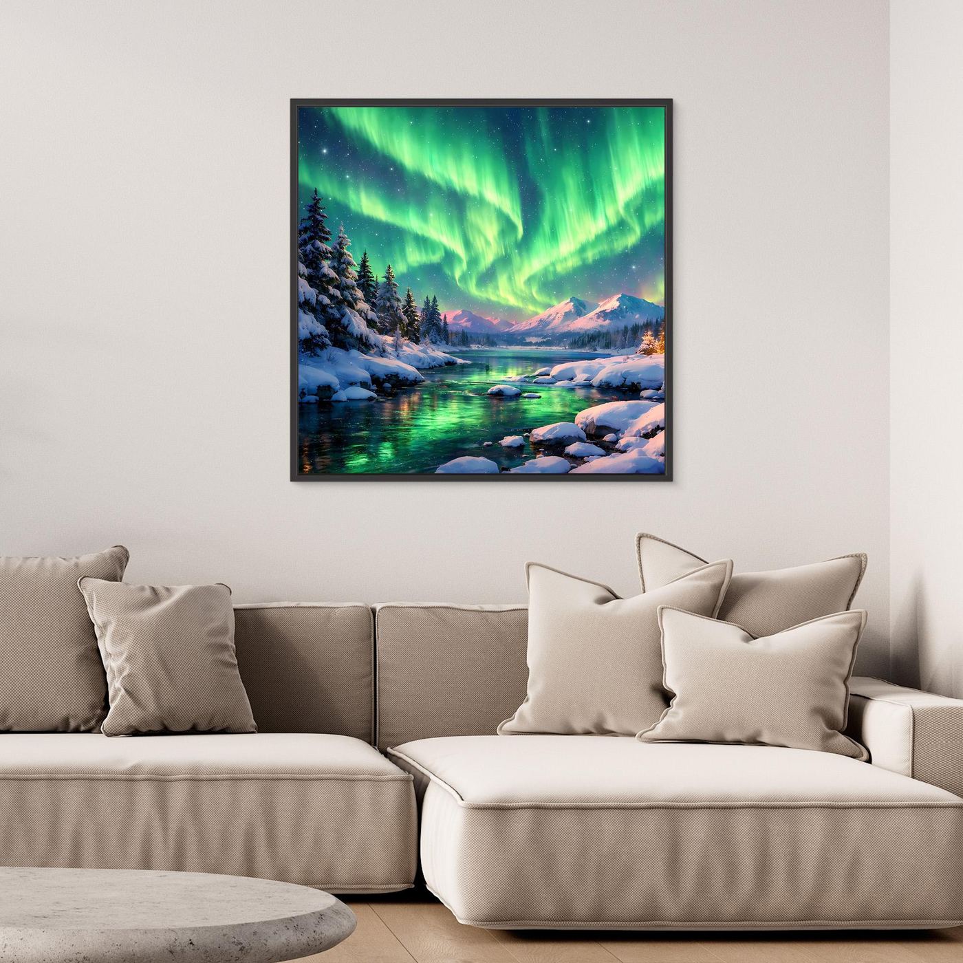 Leinwandbild Magische Polarlichter | Winterliche Polarlicht-Nacht Wandbild auf echtem Holzkeilrahmen