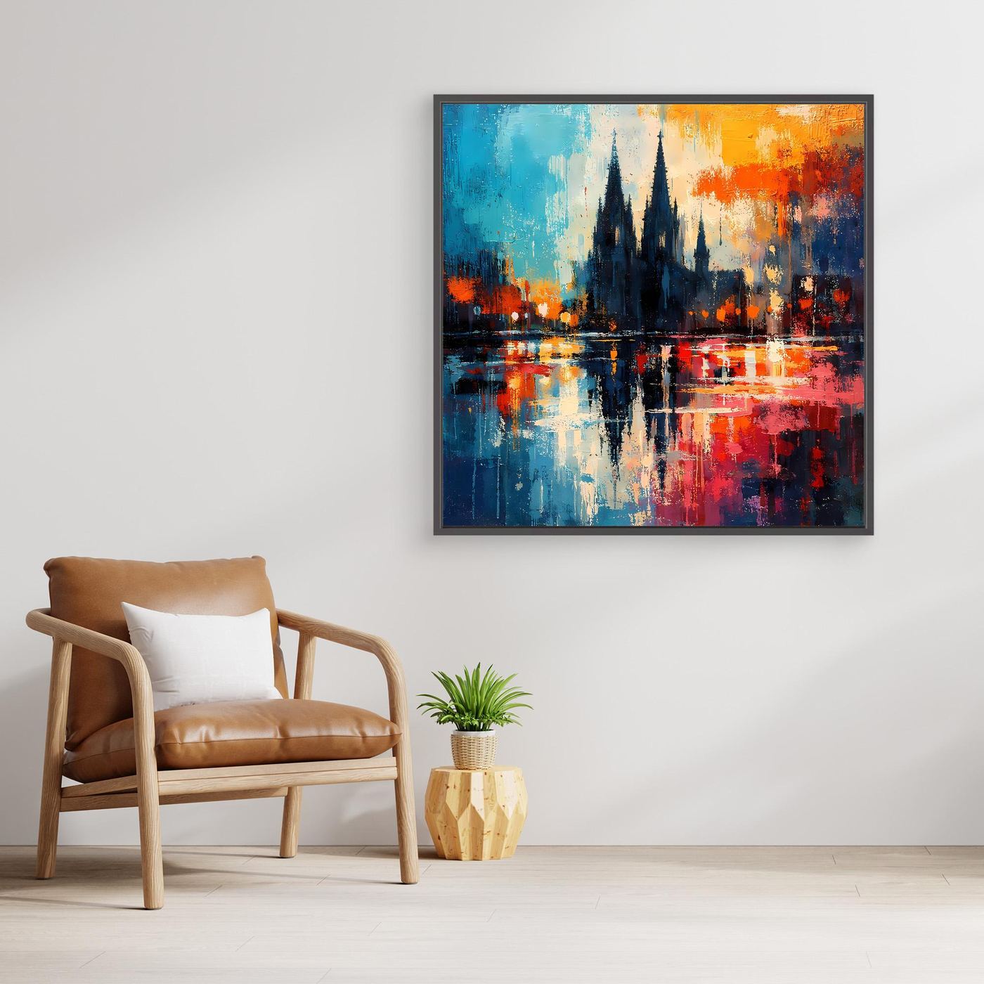 Abstraktes Leinwand-Wandbild mit Dom-Silhouette und bunten Reflexen, goldener Rahmen