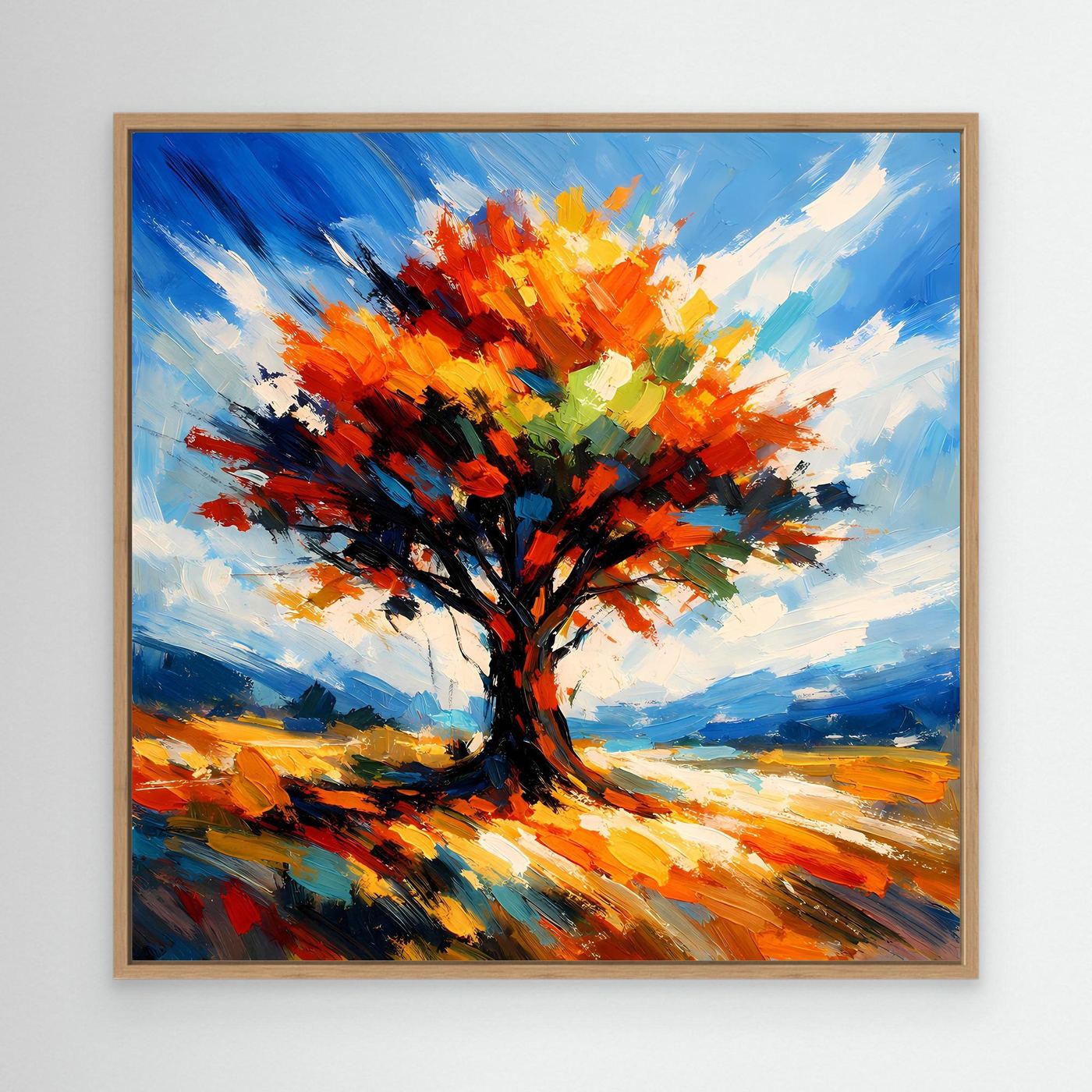 Leinwandbild mit Herbstbaum in Impasto-Optik, orangefarbene Krone, Eichenholzrahmen