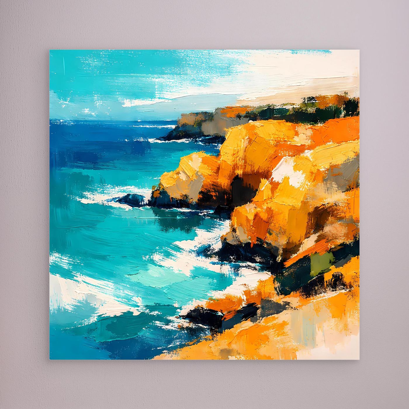 Leinwand Abstraktes Steilküsten Gemälde | Modernes Mediterranes Meeres Wandbild Blau Gelb