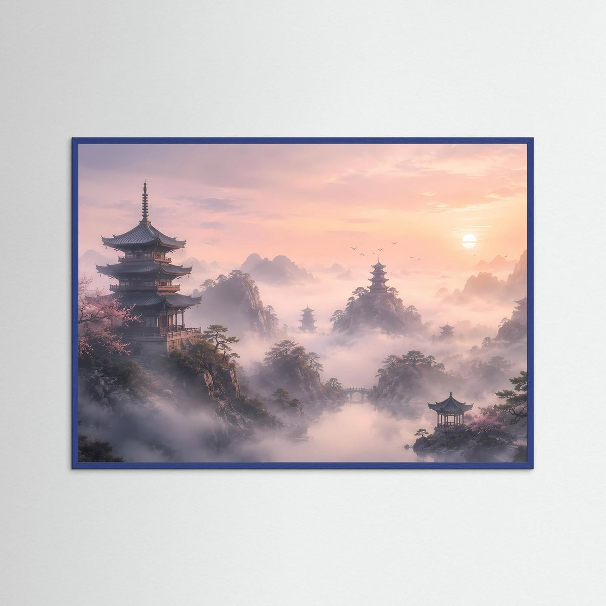 Querformat-Poster in blauem Rahmen mit asiatischer Pagodenlandschaft und Morgennebel