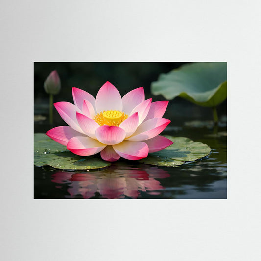 Lotusblüten-Teichposter im Querformat mit rosafarbener Lotosblüte auf Wasseroberfläche