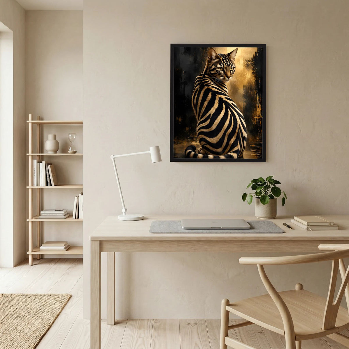 Zebra-Katze Poster in Schwarz-Gold an der Wand über Schreibtisch