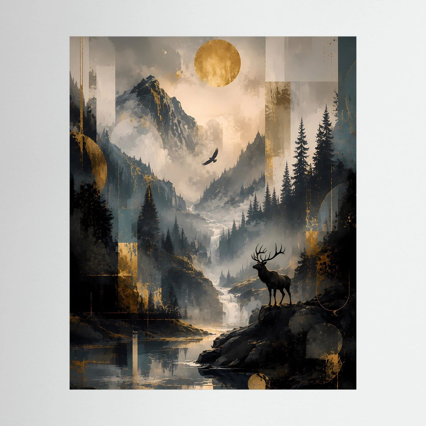 Hochformatiges Poster mit Hirsch auf Fels vor Berglandschaft, goldenem Mond und Wasserlauf