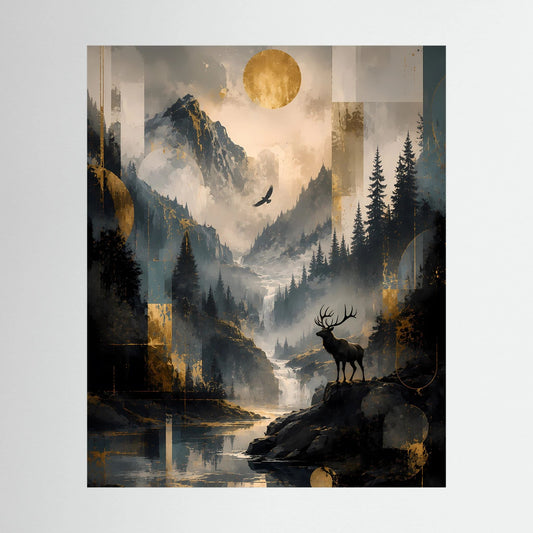 Hochformatiges Poster mit Hirsch auf Fels vor Berglandschaft, goldenem Mond und Wasserlauf