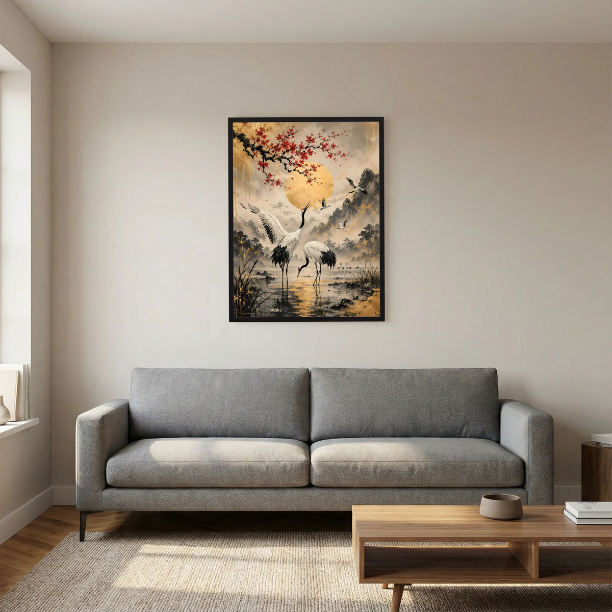Gerahmtes Poster mit Kranichen im Teich, goldene Sonne und rote Blüten im Hintergrund