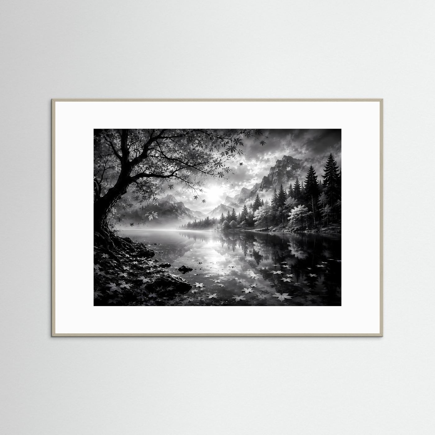 Schwarz Weiß Landschaft Poster | Bergsee Wandbild | Nebel Berge Natur | Monochrome Wandkunst | Moderner Fine Art Print