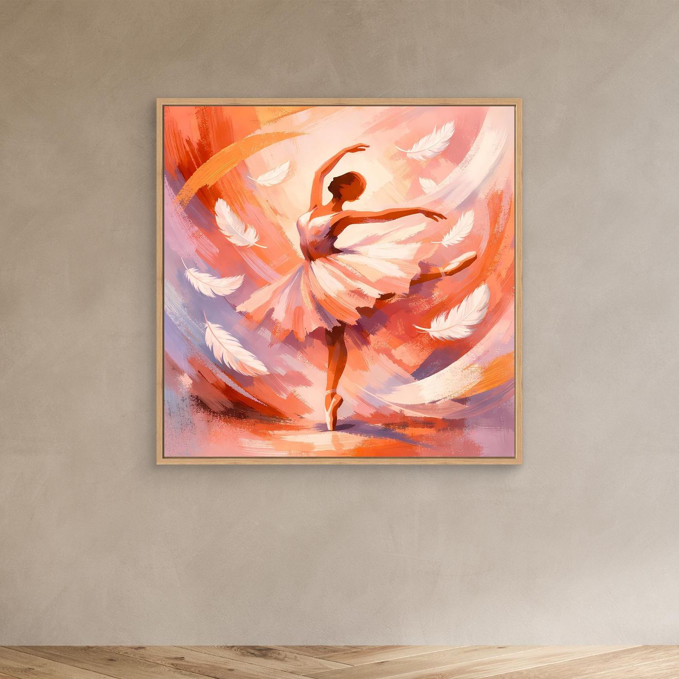 Abstraktes Leinwandbild mit Ballerina in warmen Orange- und Pinktönen, heller Holzrahmen